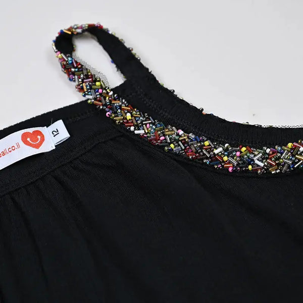 Girl - Black Beaded Strap Girls Maxi Pinafore Dress I Love Ali