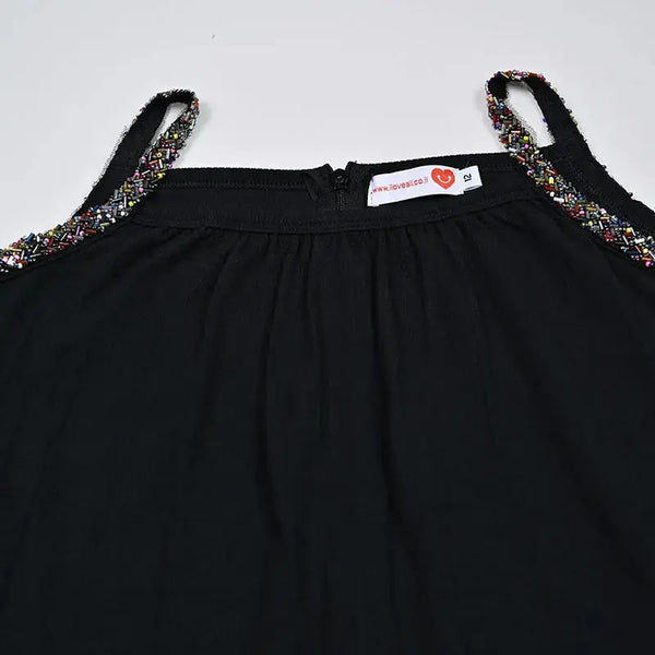 Girl - Black Beaded Strap Girls Maxi Pinafore Dress I Love Ali