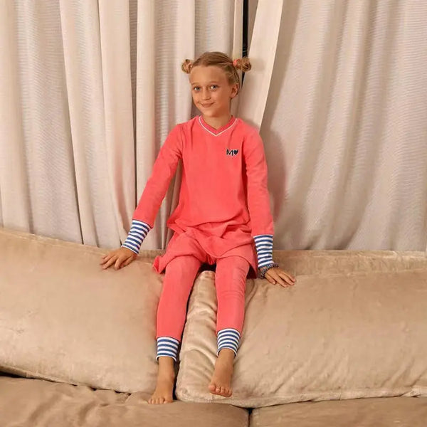 Little one in a mail logo blue and pink velvet strip set, colorful matching sibling outfit for fun family occasions.