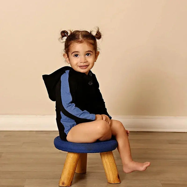 Baby in a corduroy denim panel textured set, classic matching sibling outfit for versatile family occasions.