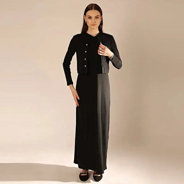 Lady - Modest Cotton Modal Two-Piece Cropped Cardigan Maxi Set Ali Mali