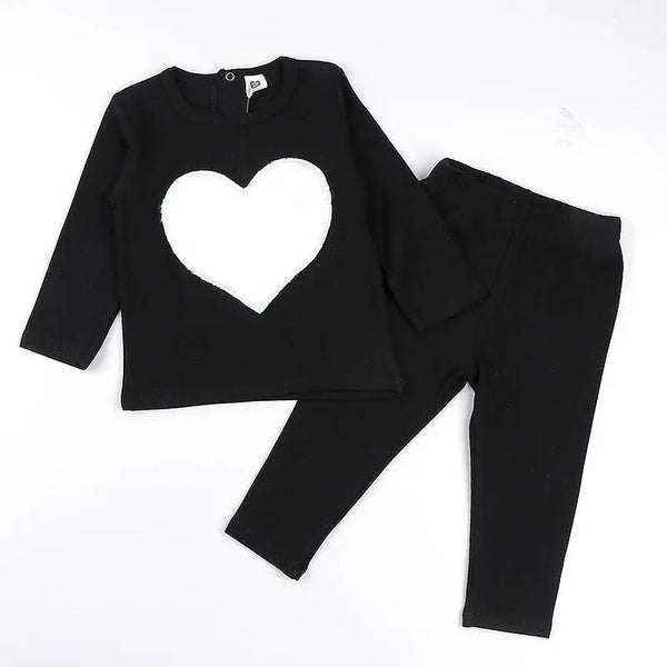 בגדי ילדים סט 2 יחידות מצולעים בגדי תינוקות בגדי בנות בגדי צווארון עגול מכנסיים ארוכים טלאי לבבות כוכב חליפה לתינוק