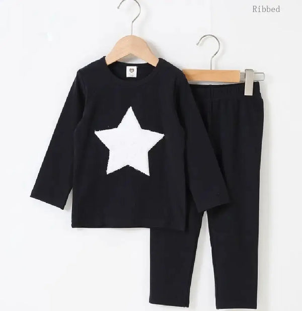 בגדי ילדים סט 2 יחידות מצולעים בגדי תינוקות בגדי בנות בגדי צווארון עגול מכנסיים ארוכים טלאי לבבות כוכב חליפה לתינוק