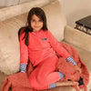 Little lady in a mail logo blue pink velvet set, colorful matching sister outfit for fun family gatherings.