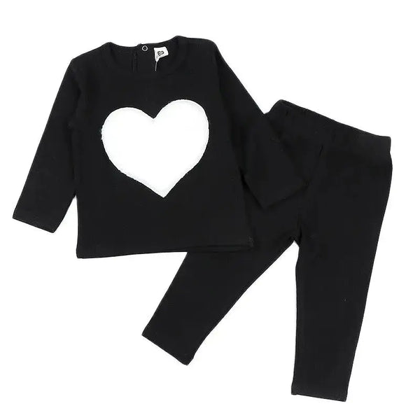 בגדי ילדים סט 2 יחידות מצולעים בגדי תינוקות בגדי בנות בגדי צווארון עגול מכנסיים ארוכים טלאי לבבות כוכב חליפה לתינוק