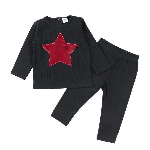 בגדי ילדים סט 2 יחידות מצולעים בגדי תינוקות בגדי בנות בגדי צווארון עגול מכנסיים ארוכים טלאי לבבות כוכב חליפה לתינוק