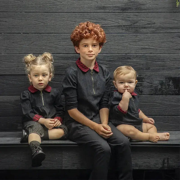 Boy - Red Plaid & Black Denim Set Ali Plus