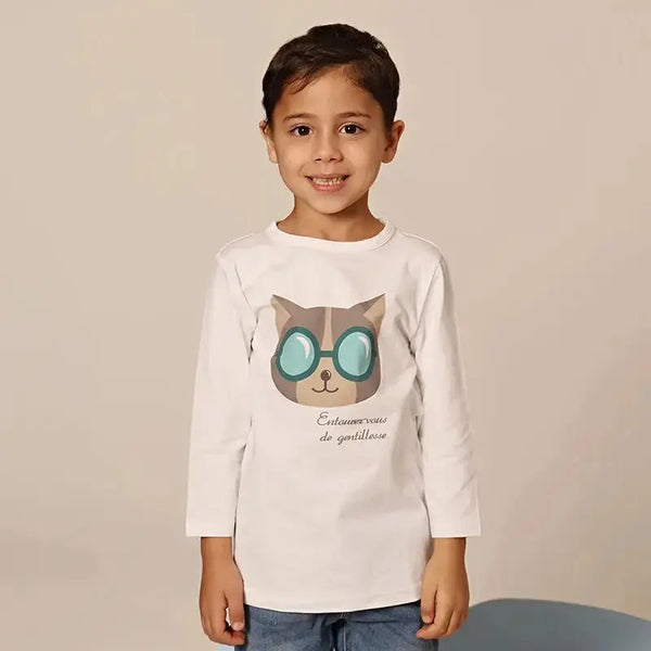 Little gentleman in a purrfectly chill kitten print set, adorable matching brother outfit for playful family fun.
