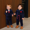 Toddler wearing a luxury navy velour soft set, plush matching sibling outfit for elegant family occasions.